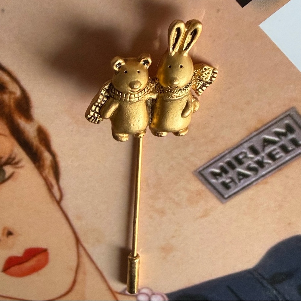 VINTAGE | Gold Bear and Rabbit Hat Stick Pin 2.5 Inch Tall